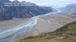 A braided river consists of a network of river channels separated by small, often temporary, islands called braid bars or, in British English usage, aits or eyots.
