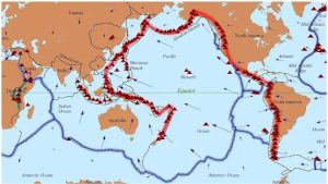 A map highlighting the volcanoes encircling the Pacific Ocean, known as the Ring of Fire.
